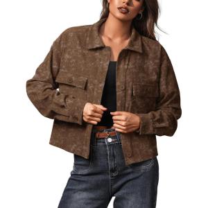 imageIWOLLENCE Womens Cropped Shacket Jacket Fashion Button Down Corduroy Shacket Jackets Casual Crop Shirts Fall Coat TopsCh Dark Brown