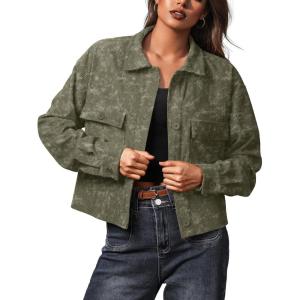imageIWOLLENCE Womens Cropped Shacket Jacket Fashion Button Down Corduroy Shacket Jackets Casual Crop Shirts Fall Coat TopsCh Dark Green