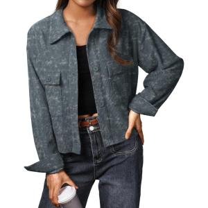 imageIWOLLENCE Womens Cropped Shacket Jacket Fashion Button Down Corduroy Shacket Jackets Casual Crop Shirts Fall Coat TopsCh Haze Blue