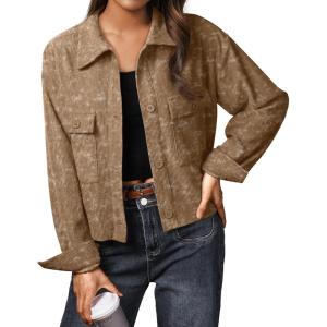 imageIWOLLENCE Womens Cropped Shacket Jacket Fashion Button Down Corduroy Shacket Jackets Casual Crop Shirts Fall Coat TopsCh Light Brown