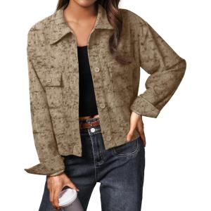 imageIWOLLENCE Womens Cropped Shacket Jacket Fashion Button Down Corduroy Shacket Jackets Casual Crop Shirts Fall Coat TopsCh Light Khaki