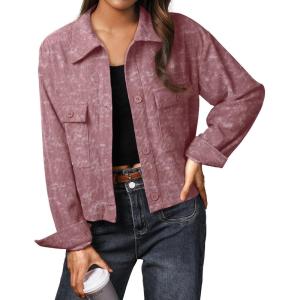 imageIWOLLENCE Womens Cropped Shacket Jacket Fashion Button Down Corduroy Shacket Jackets Casual Crop Shirts Fall Coat TopsCh Rose Red