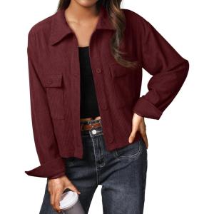 imageIWOLLENCE Womens Cropped Shacket Jacket Fashion Button Down Corduroy Shacket Jackets Casual Crop Shirts Fall Coat TopsWine Red
