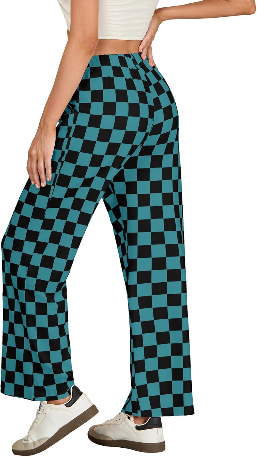 imageIWOLLENCE Womens Casual Loose Checkered Wide Leg Pants High Waist Straight Lounge Y2K Gingham Trousers SummerCdblack Blue Green