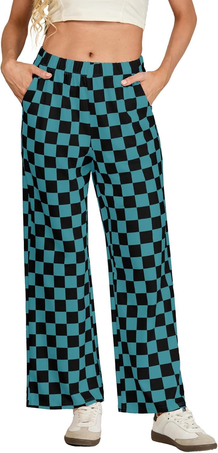 imageIWOLLENCE Womens Casual Loose Checkered Wide Leg Pants High Waist Straight Lounge Y2K Gingham Trousers SummerCdblack Blue Green