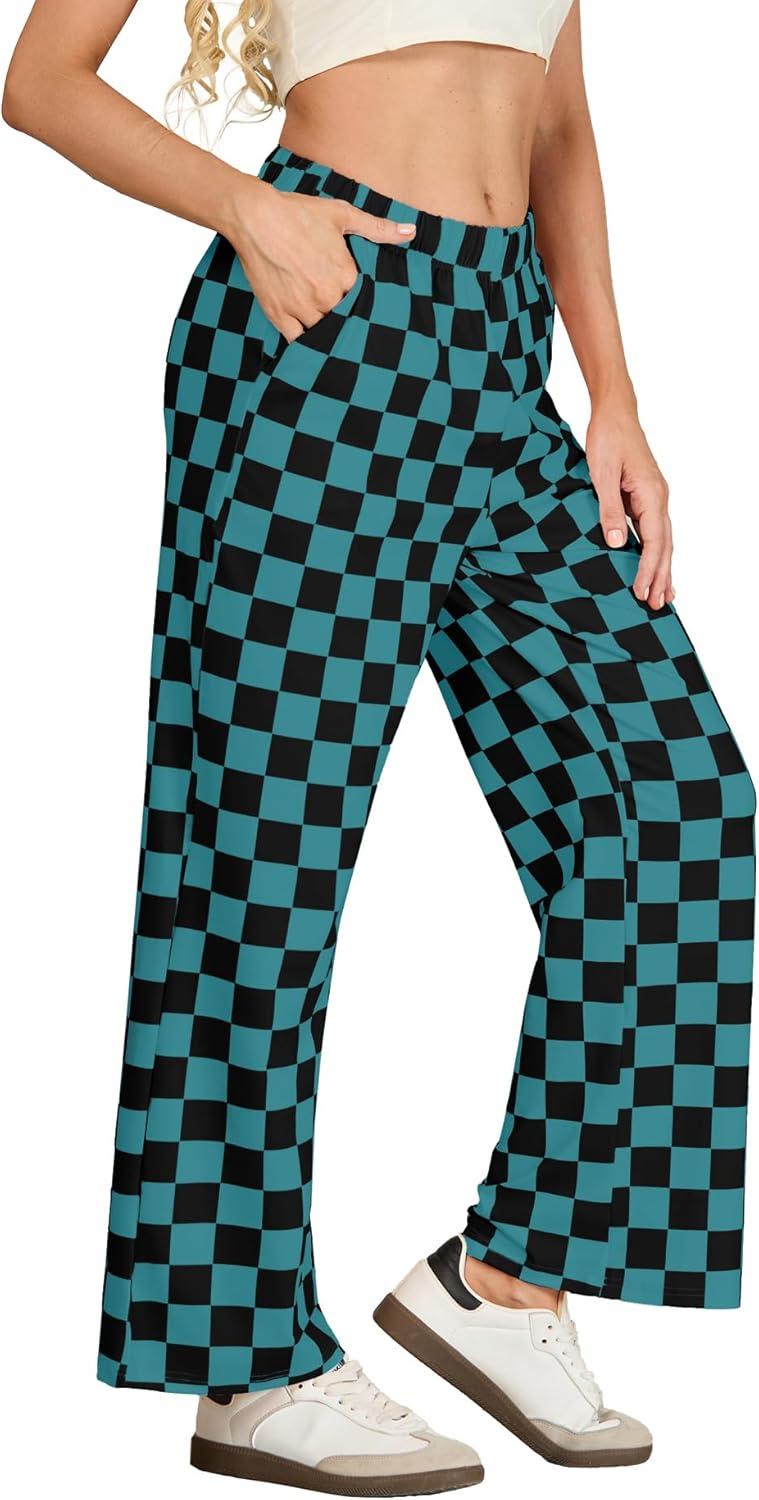 imageIWOLLENCE Womens Casual Loose Checkered Wide Leg Pants High Waist Straight Lounge Y2K Gingham Trousers SummerCdblack Blue Green