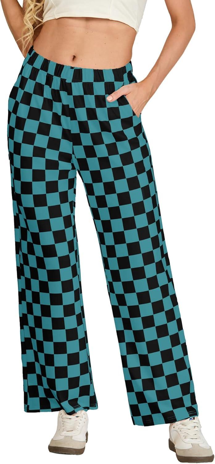 imageIWOLLENCE Womens Casual Loose Checkered Wide Leg Pants High Waist Straight Lounge Y2K Gingham Trousers SummerCdblack Blue Green