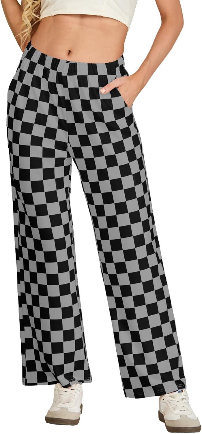 imageIWOLLENCE Womens Casual Loose Checkered Wide Leg Pants High Waist Straight Lounge Y2K Gingham Trousers SummerCdblack Grey