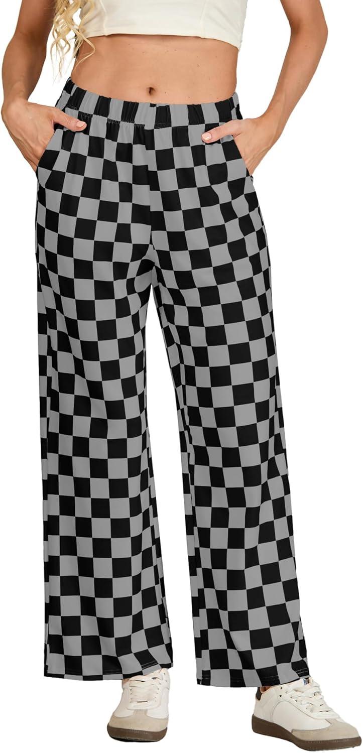 imageIWOLLENCE Womens Casual Loose Checkered Wide Leg Pants High Waist Straight Lounge Y2K Gingham Trousers SummerCdblack Grey
