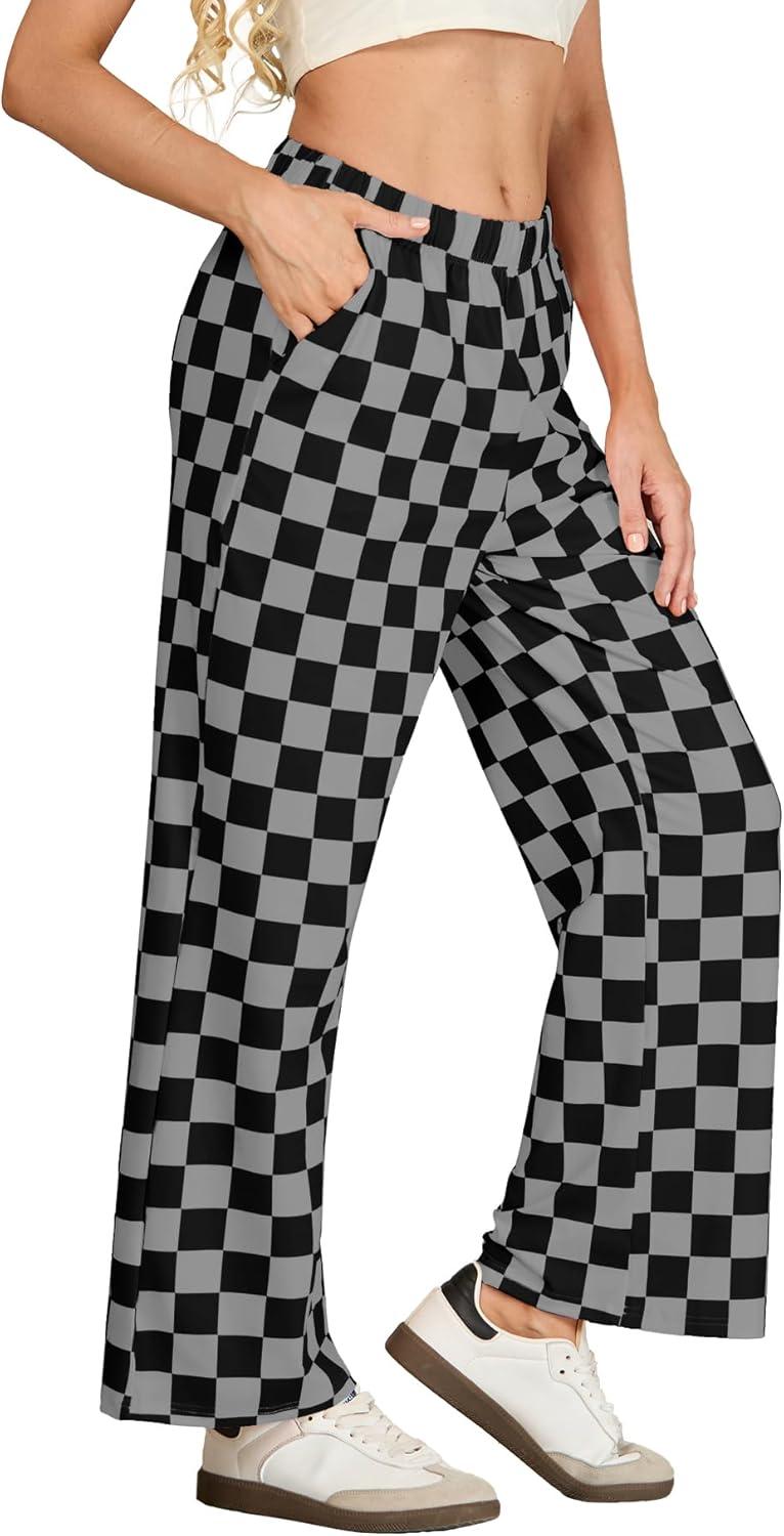 imageIWOLLENCE Womens Casual Loose Checkered Wide Leg Pants High Waist Straight Lounge Y2K Gingham Trousers SummerCdblack Grey