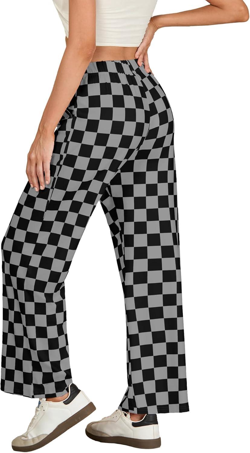 imageIWOLLENCE Womens Casual Loose Checkered Wide Leg Pants High Waist Straight Lounge Y2K Gingham Trousers SummerCdblack Grey