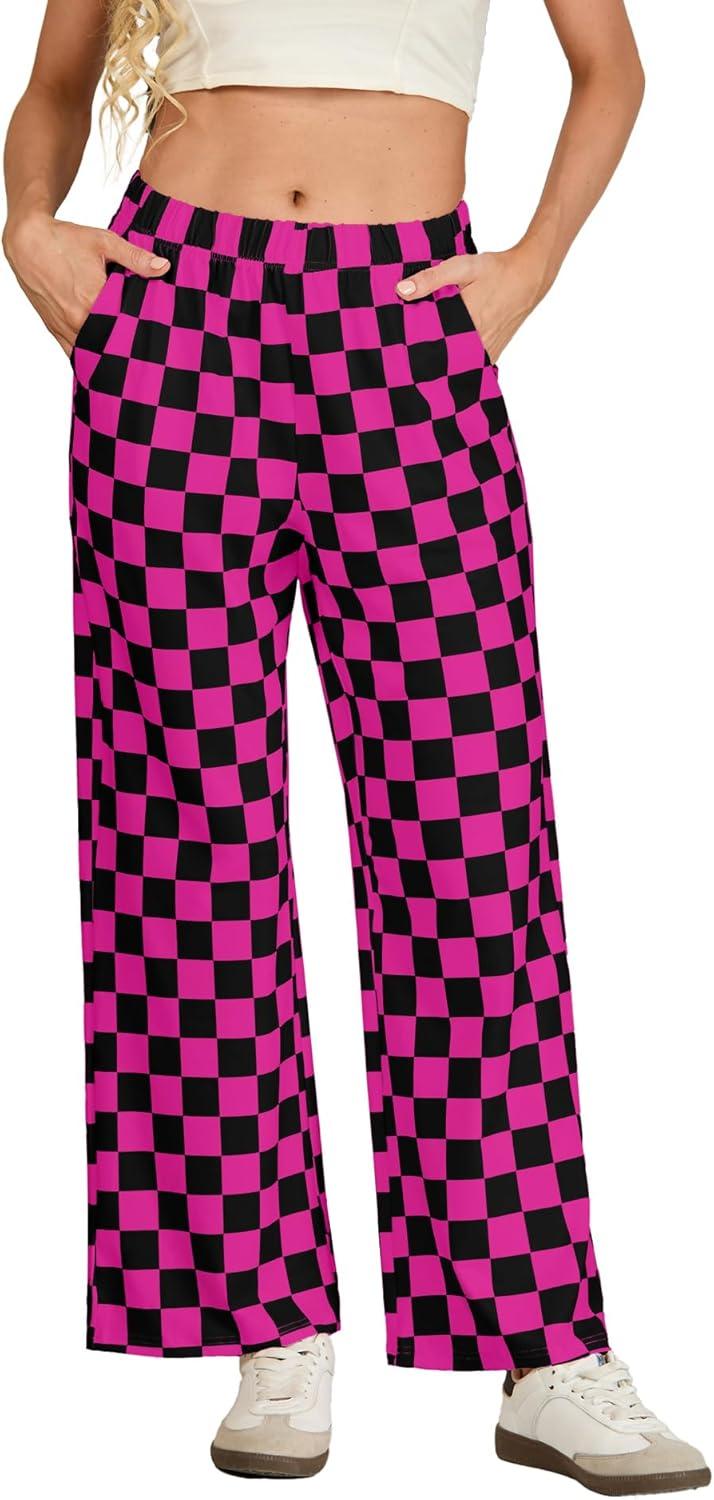 imageIWOLLENCE Womens Casual Loose Checkered Wide Leg Pants High Waist Straight Lounge Y2K Gingham Trousers SummerCdblack Hot Pink