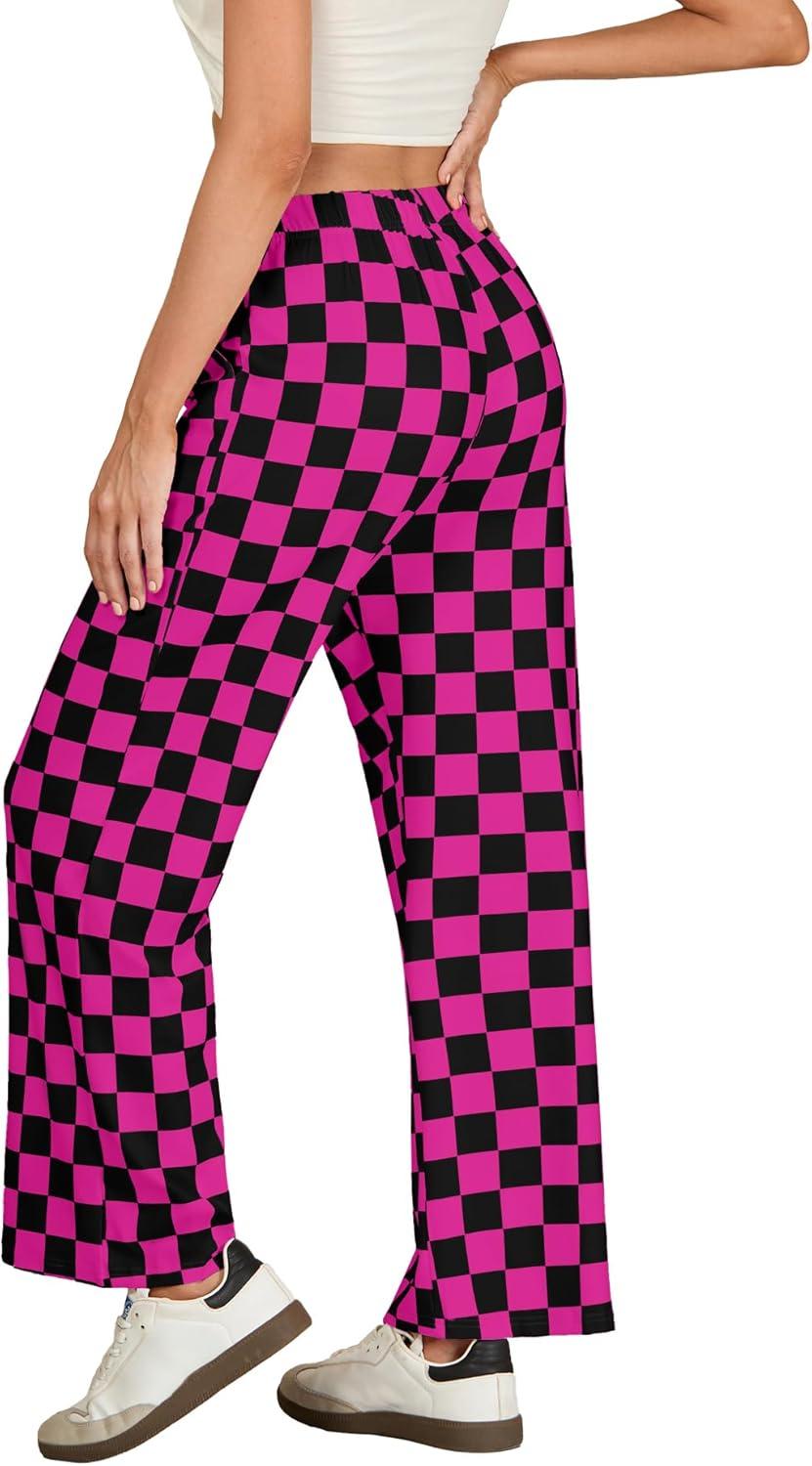 imageIWOLLENCE Womens Casual Loose Checkered Wide Leg Pants High Waist Straight Lounge Y2K Gingham Trousers SummerCdblack Hot Pink