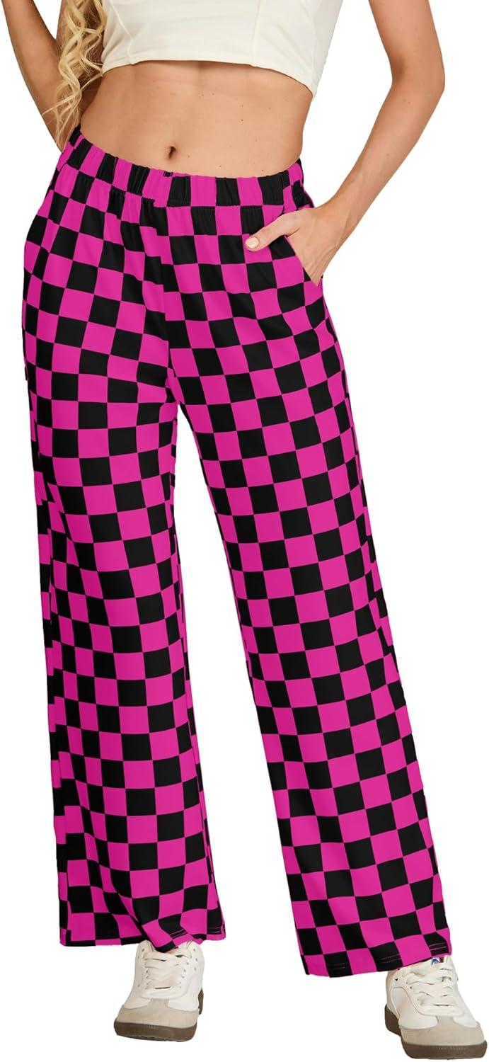 imageIWOLLENCE Womens Casual Loose Checkered Wide Leg Pants High Waist Straight Lounge Y2K Gingham Trousers SummerCdblack Hot Pink