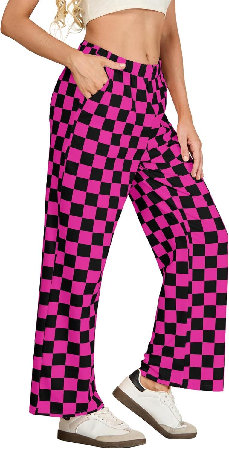 imageIWOLLENCE Womens Casual Loose Checkered Wide Leg Pants High Waist Straight Lounge Y2K Gingham Trousers SummerCdblack Hot Pink