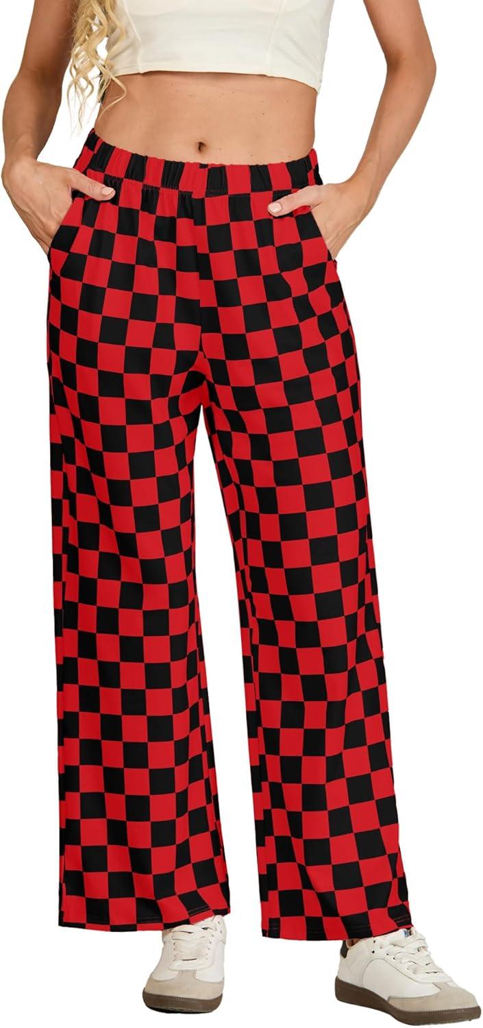 imageIWOLLENCE Womens Casual Loose Checkered Wide Leg Pants High Waist Straight Lounge Y2K Gingham Trousers SummerCdblack Red