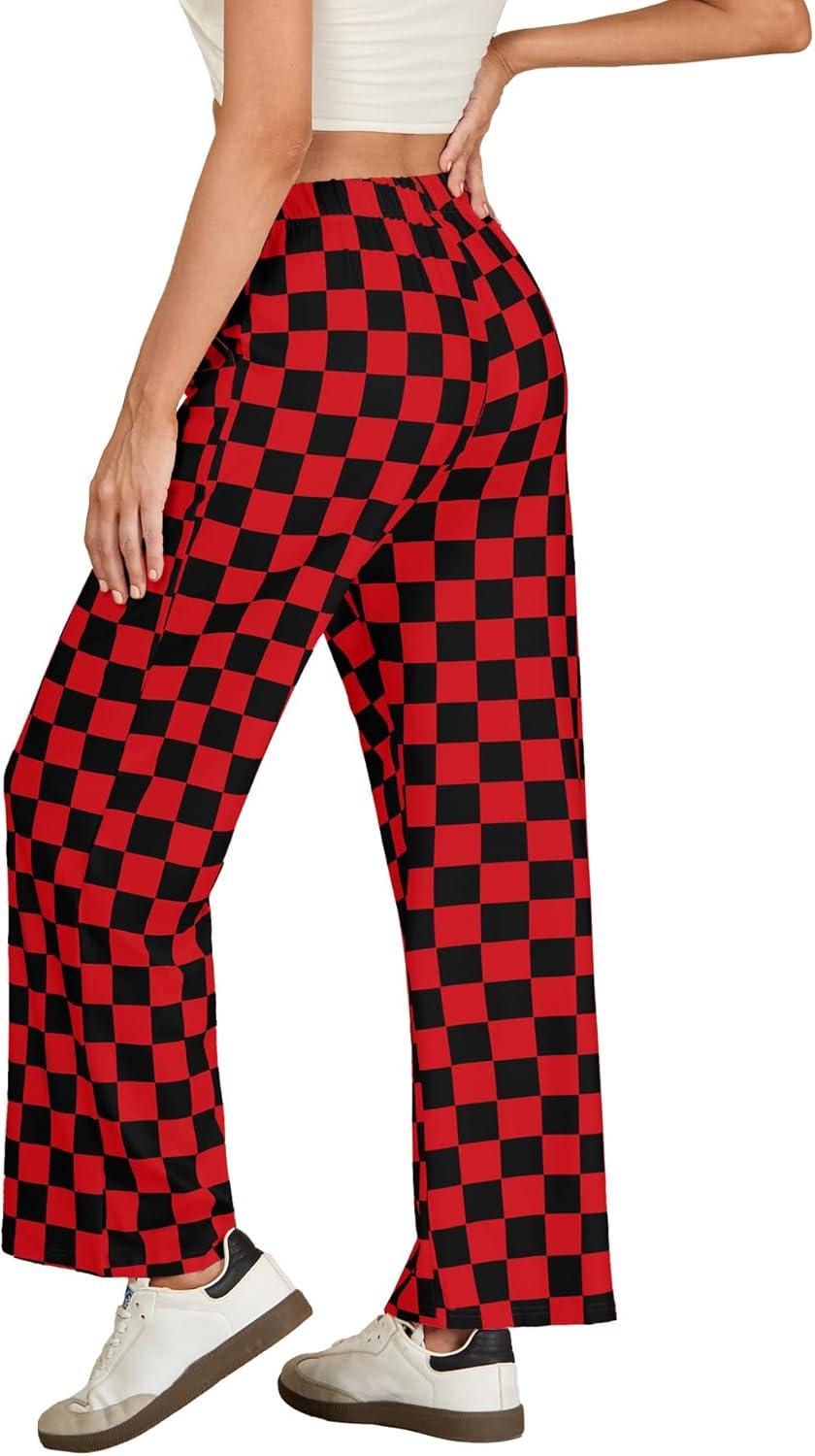 imageIWOLLENCE Womens Casual Loose Checkered Wide Leg Pants High Waist Straight Lounge Y2K Gingham Trousers SummerCdblack Red