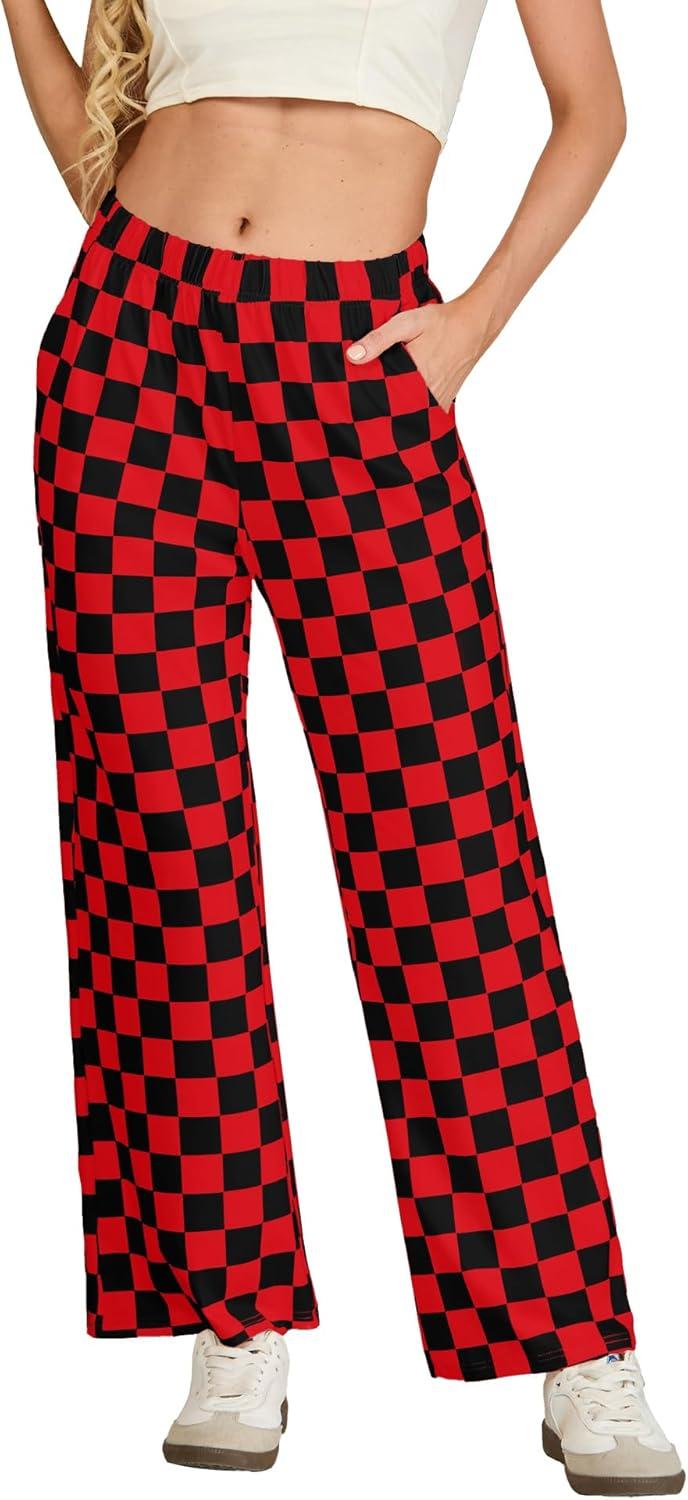 imageIWOLLENCE Womens Casual Loose Checkered Wide Leg Pants High Waist Straight Lounge Y2K Gingham Trousers SummerCdblack Red