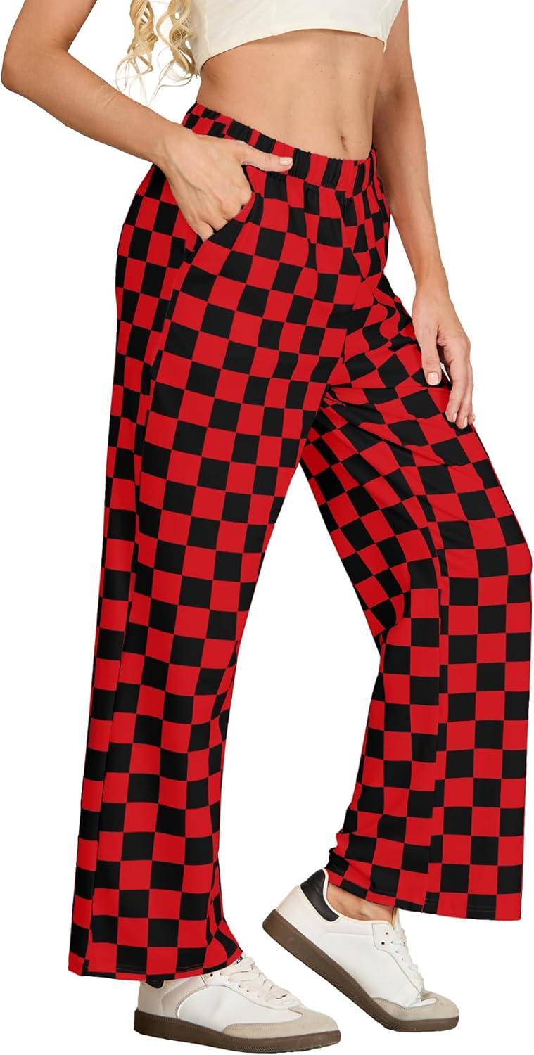 imageIWOLLENCE Womens Casual Loose Checkered Wide Leg Pants High Waist Straight Lounge Y2K Gingham Trousers SummerCdblack Red