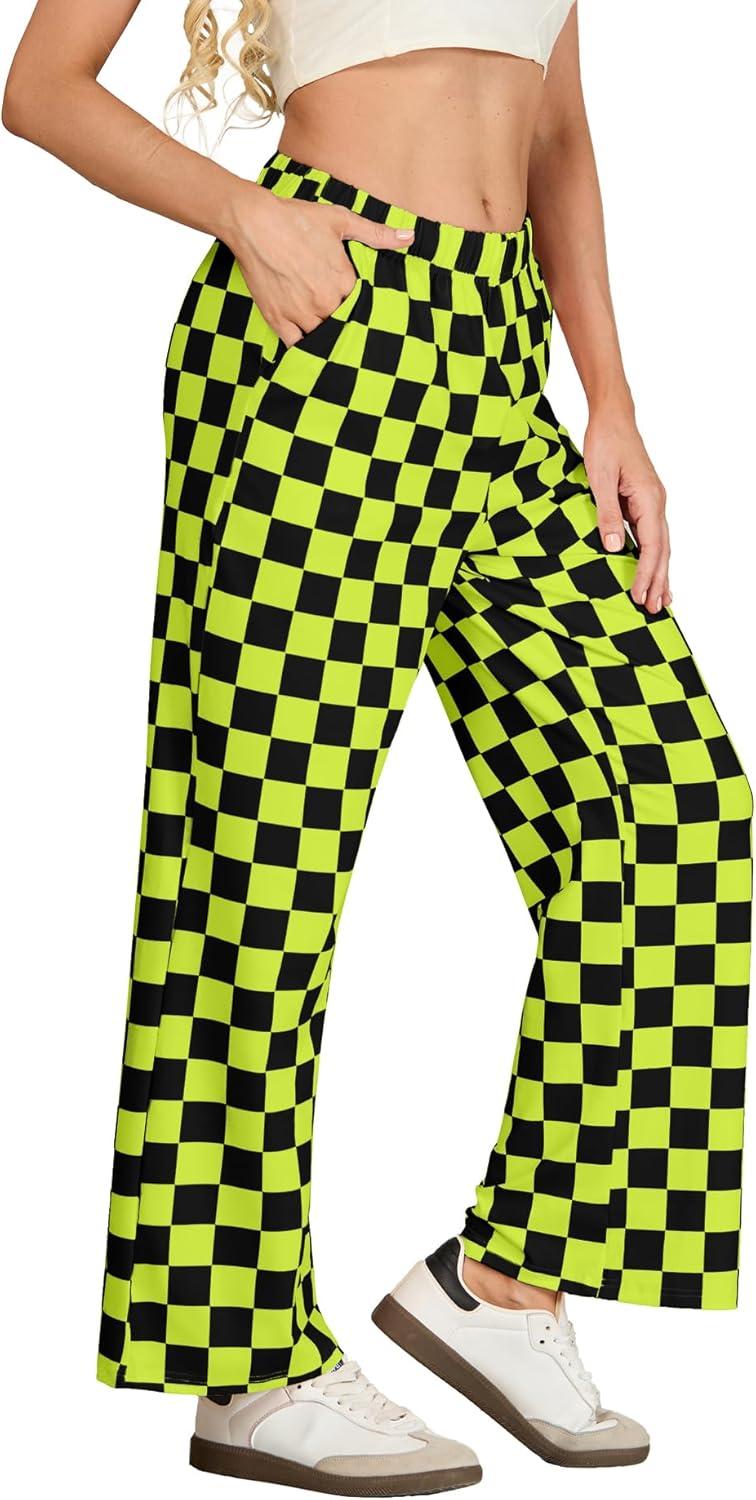 imageIWOLLENCE Womens Casual Loose Checkered Wide Leg Pants High Waist Straight Lounge Y2K Gingham Trousers SummerCdblack Yellow