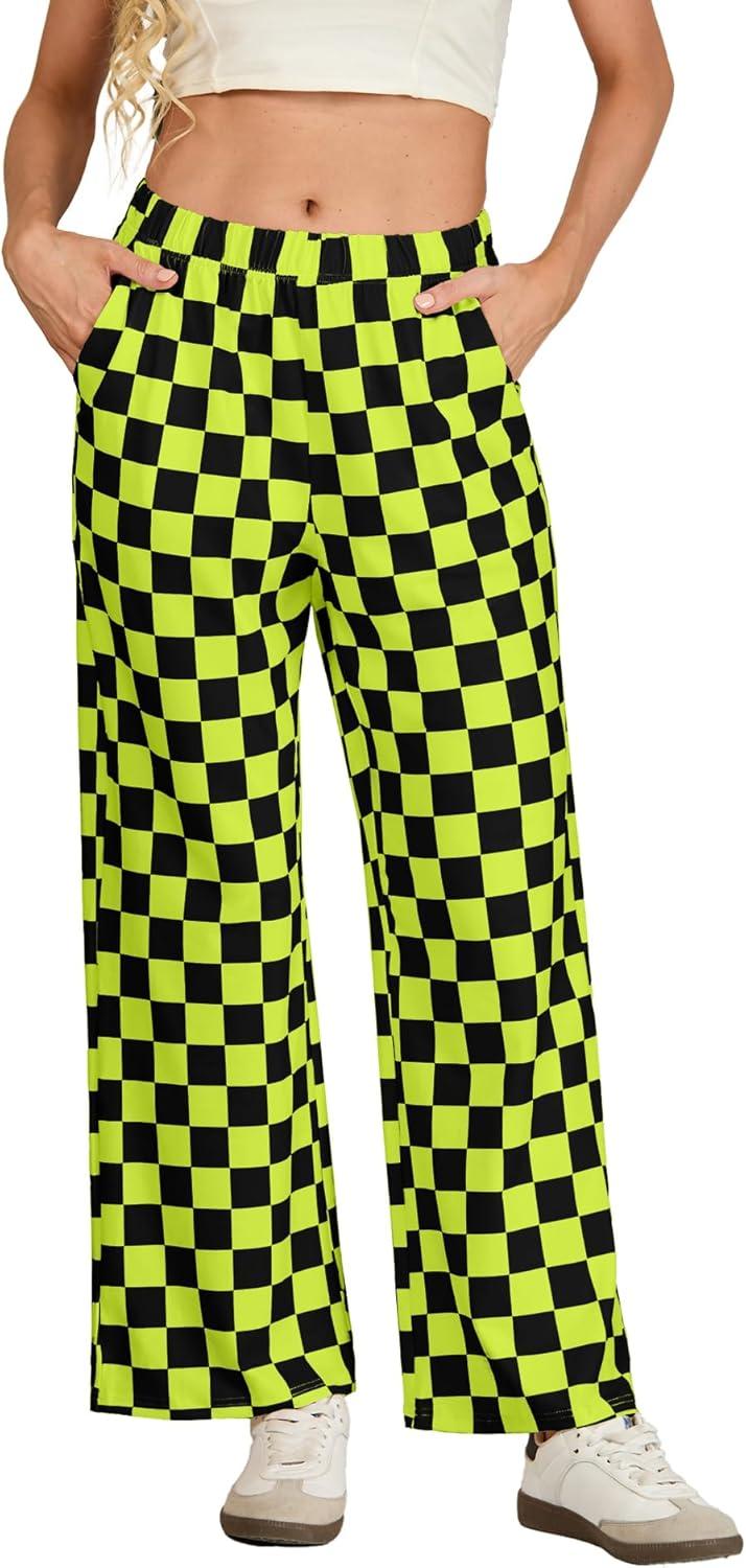 imageIWOLLENCE Womens Casual Loose Checkered Wide Leg Pants High Waist Straight Lounge Y2K Gingham Trousers SummerCdblack Yellow