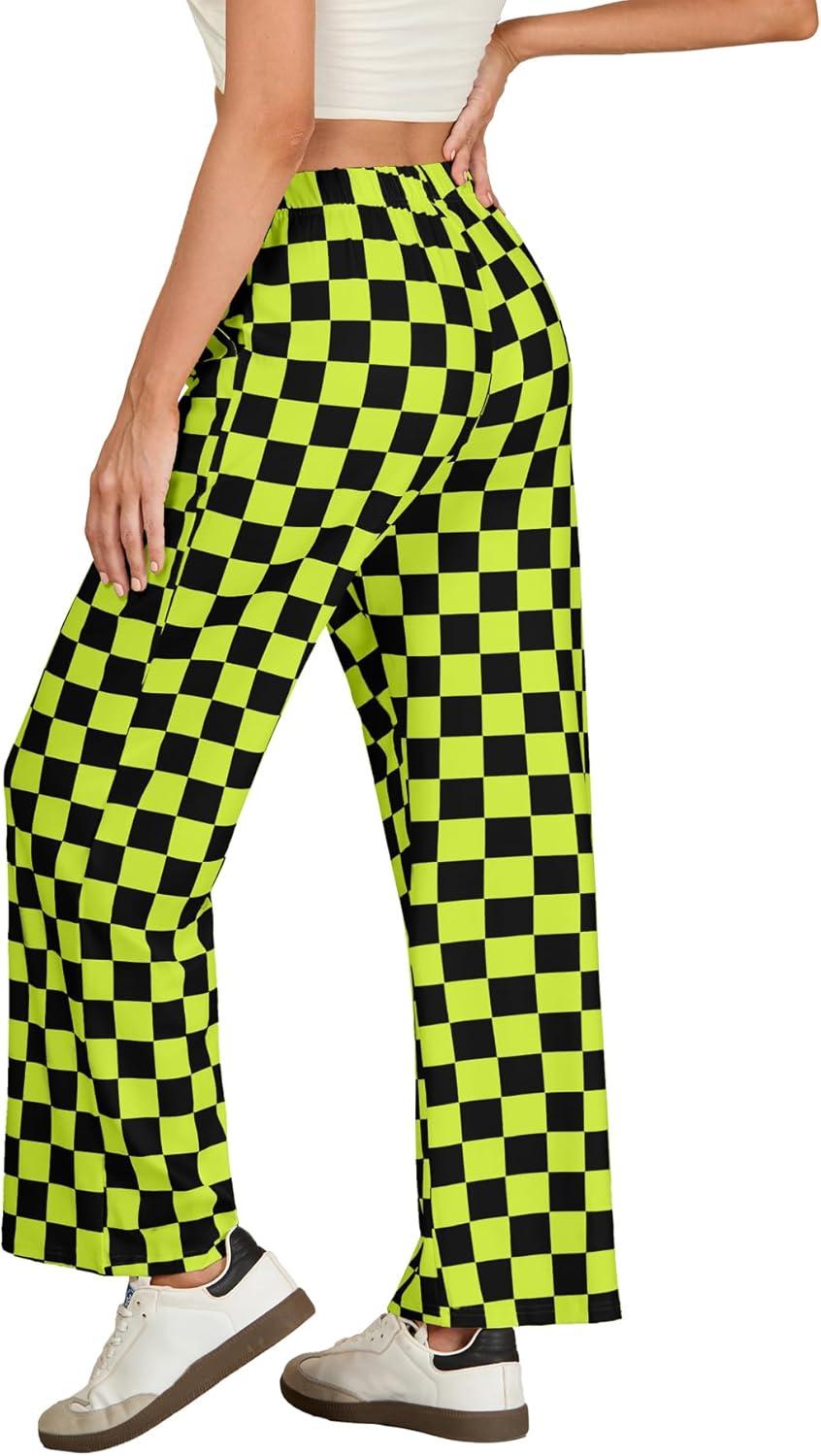 imageIWOLLENCE Womens Casual Loose Checkered Wide Leg Pants High Waist Straight Lounge Y2K Gingham Trousers SummerCdblack Yellow