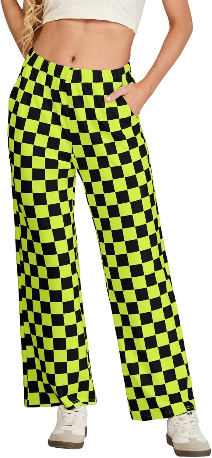 imageIWOLLENCE Womens Casual Loose Checkered Wide Leg Pants High Waist Straight Lounge Y2K Gingham Trousers SummerCdblack Yellow