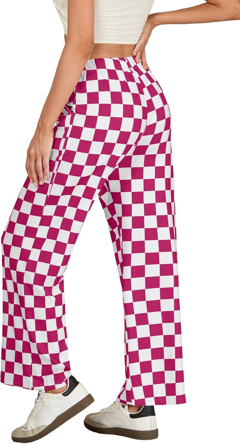 imageIWOLLENCE Womens Casual Loose Checkered Wide Leg Pants High Waist Straight Lounge Y2K Gingham Trousers SummerCddark Pink White