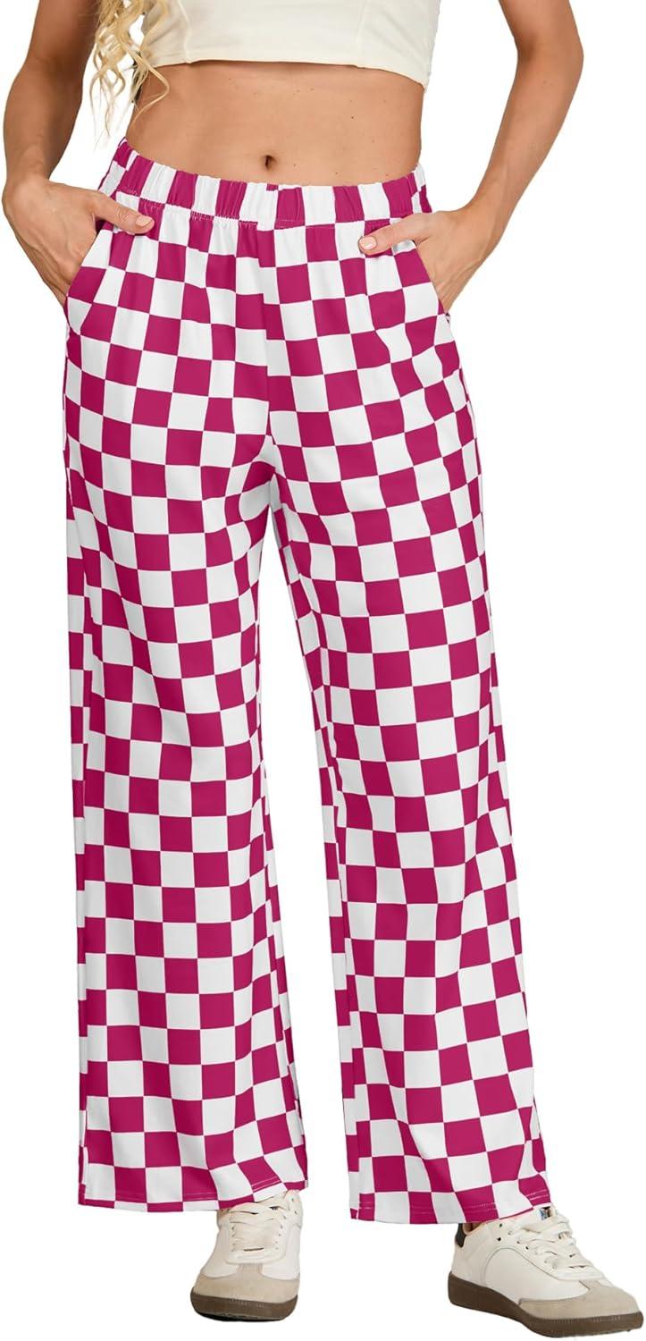 imageIWOLLENCE Womens Casual Loose Checkered Wide Leg Pants High Waist Straight Lounge Y2K Gingham Trousers SummerCddark Pink White