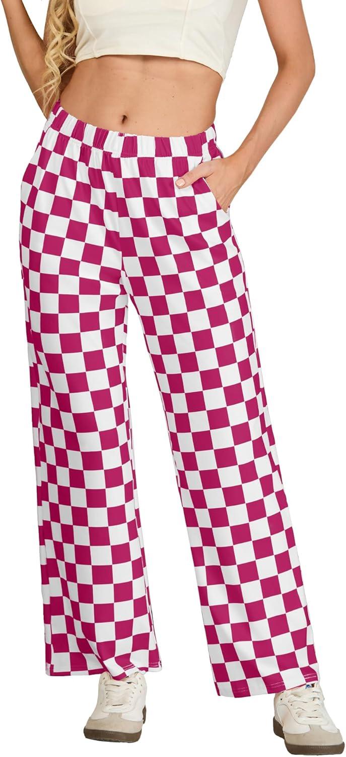 imageIWOLLENCE Womens Casual Loose Checkered Wide Leg Pants High Waist Straight Lounge Y2K Gingham Trousers SummerCddark Pink White