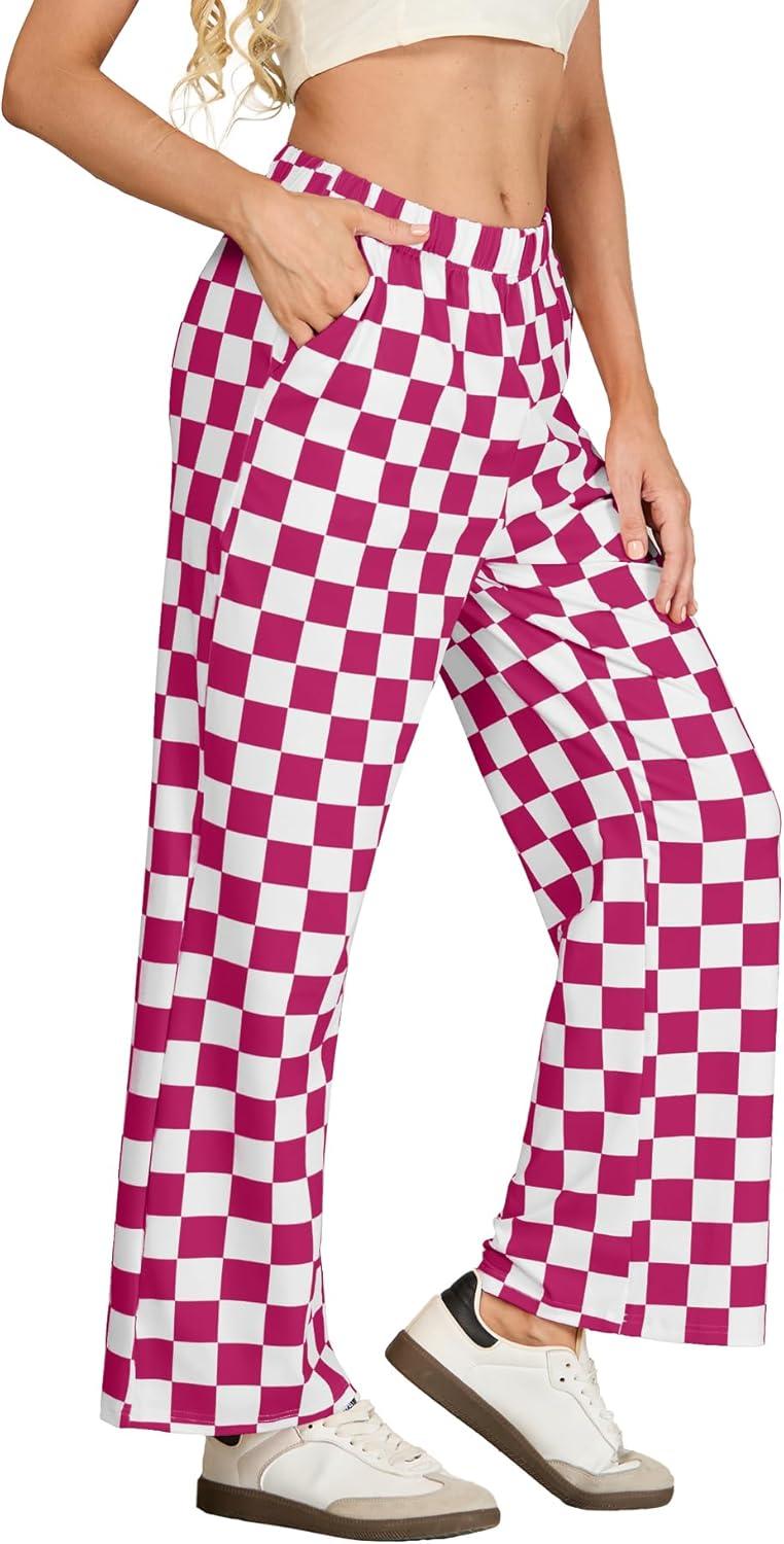imageIWOLLENCE Womens Casual Loose Checkered Wide Leg Pants High Waist Straight Lounge Y2K Gingham Trousers SummerCddark Pink White