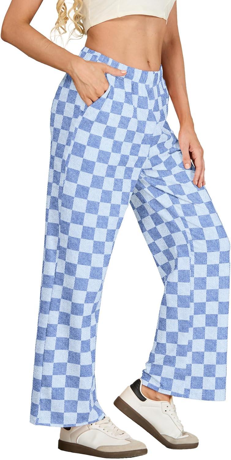 imageIWOLLENCE Womens Casual Loose Checkered Wide Leg Pants High Waist Straight Lounge Y2K Gingham Trousers SummerCddenim Blue