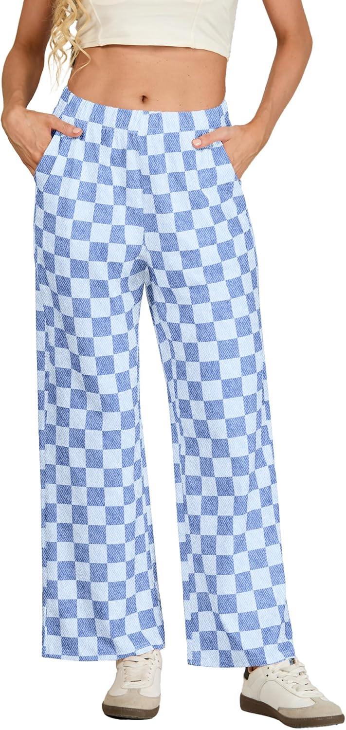 imageIWOLLENCE Womens Casual Loose Checkered Wide Leg Pants High Waist Straight Lounge Y2K Gingham Trousers SummerCddenim Blue