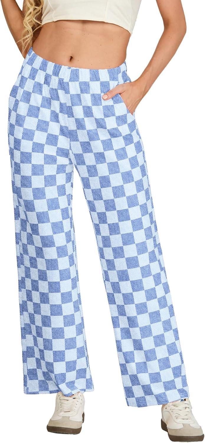 imageIWOLLENCE Womens Casual Loose Checkered Wide Leg Pants High Waist Straight Lounge Y2K Gingham Trousers SummerCddenim Blue