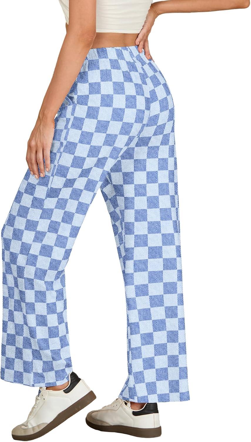 imageIWOLLENCE Womens Casual Loose Checkered Wide Leg Pants High Waist Straight Lounge Y2K Gingham Trousers SummerCddenim Blue