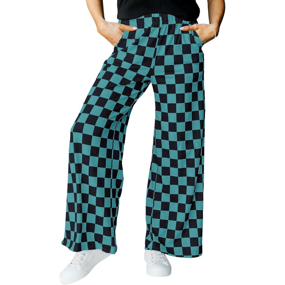 imageIWOLLENCE Womens Casual Loose Checkered Wide Leg Pants High Waist Straight Lounge Y2K Gingham Trousers SummerCdblack Blue Green