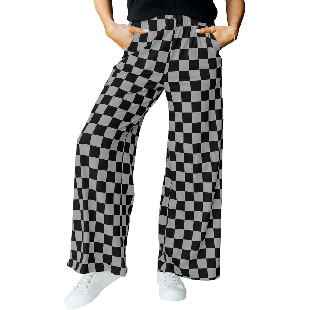 imageIWOLLENCE Womens Casual Loose Checkered Wide Leg Pants High Waist Straight Lounge Y2K Gingham Trousers SummerCdblack Grey