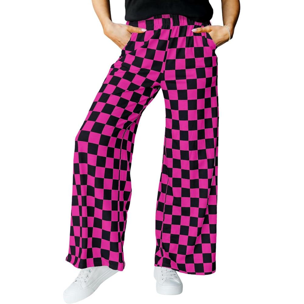 imageIWOLLENCE Womens Casual Loose Checkered Wide Leg Pants High Waist Straight Lounge Y2K Gingham Trousers SummerCdblack Hot Pink