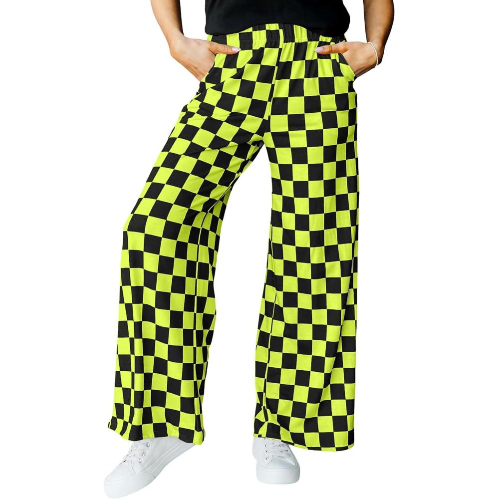 imageIWOLLENCE Womens Casual Loose Checkered Wide Leg Pants High Waist Straight Lounge Y2K Gingham Trousers SummerCdblack Yellow