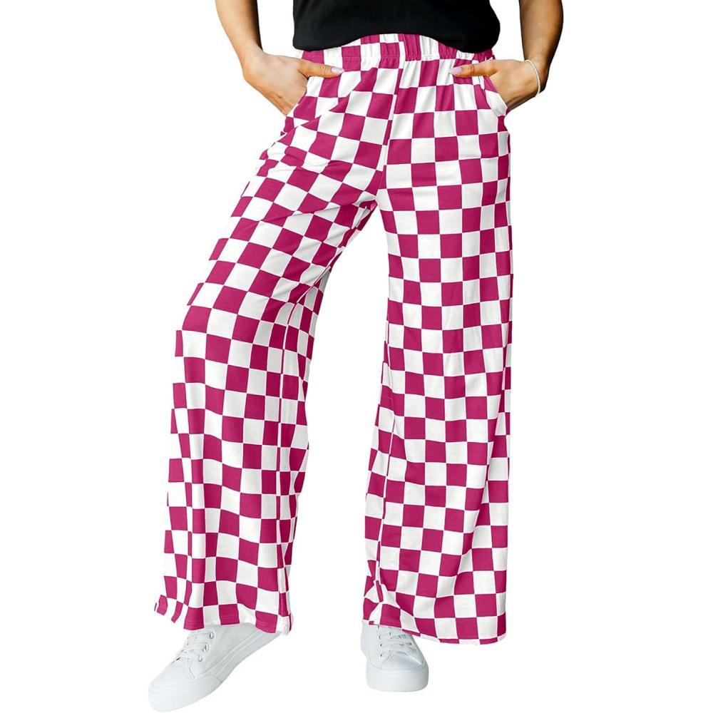 imageIWOLLENCE Womens Casual Loose Checkered Wide Leg Pants High Waist Straight Lounge Y2K Gingham Trousers SummerCddark Pink White