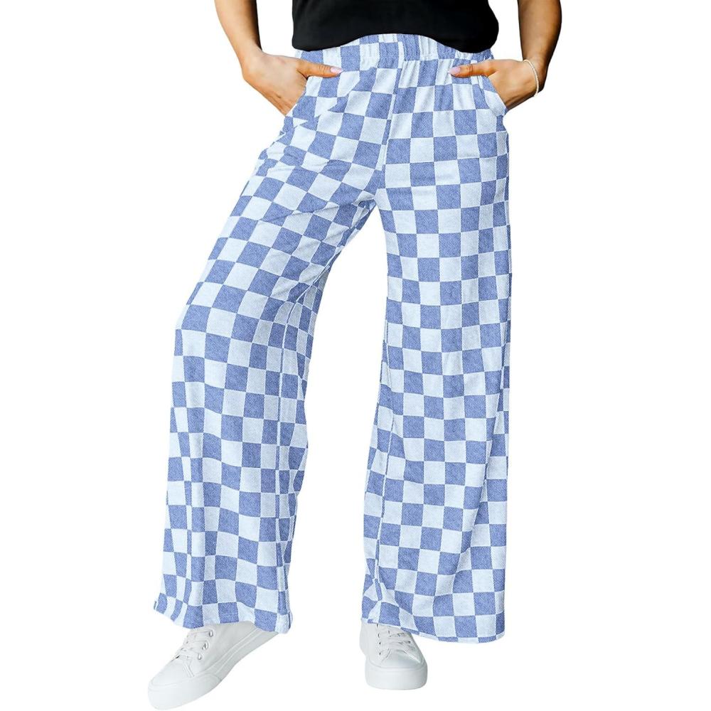 imageIWOLLENCE Womens Casual Loose Checkered Wide Leg Pants High Waist Straight Lounge Y2K Gingham Trousers SummerCddenim Blue
