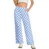 imageIWOLLENCE Womens Casual Loose Checkered Wide Leg Pants High Waist Straight Lounge Y2K Gingham Trousers SummerCddenim Blue