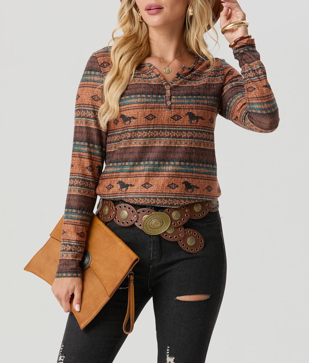 imageIWOLLENCE Womens Long Sleeve Aztec Western T Shirts Vintage Geometry Graphic Henley Tops Casual Button Down BlouseFphorse Diamond Stripe