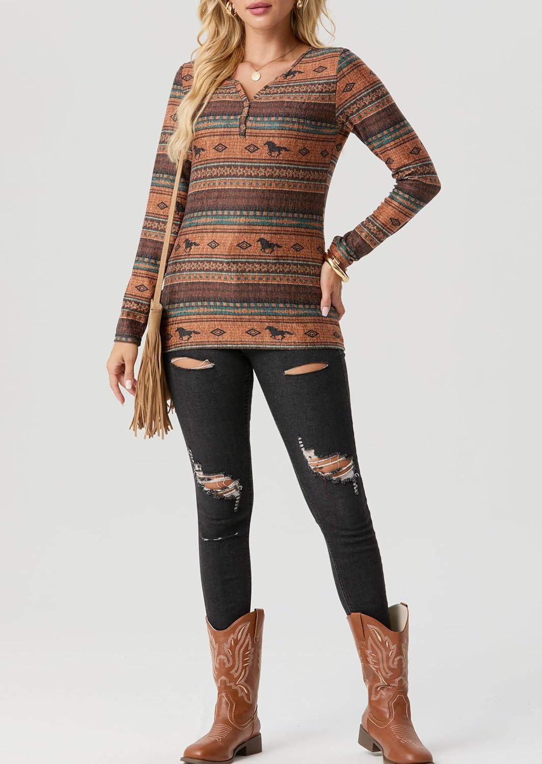 imageIWOLLENCE Womens Long Sleeve Aztec Western T Shirts Vintage Geometry Graphic Henley Tops Casual Button Down BlouseFphorse Diamond Stripe