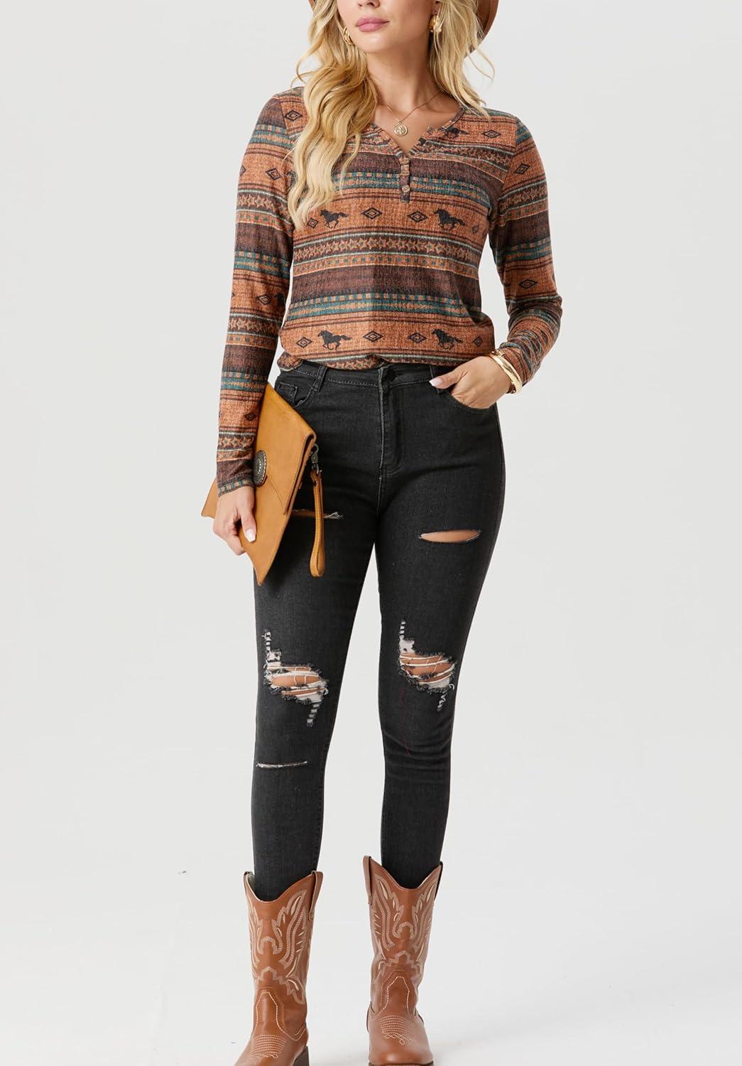imageIWOLLENCE Womens Long Sleeve Aztec Western T Shirts Vintage Geometry Graphic Henley Tops Casual Button Down BlouseFphorse Diamond Stripe
