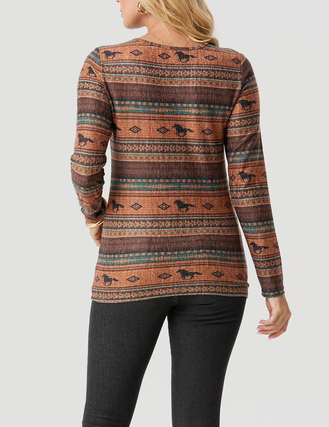 imageIWOLLENCE Womens Long Sleeve Aztec Western T Shirts Vintage Geometry Graphic Henley Tops Casual Button Down BlouseFphorse Diamond Stripe