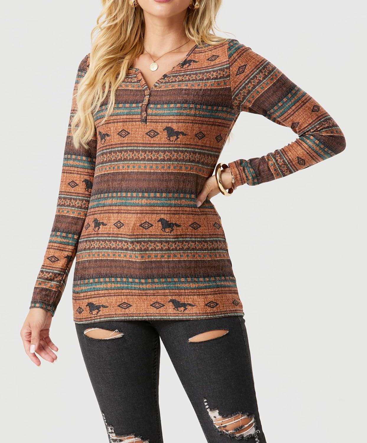 imageIWOLLENCE Womens Long Sleeve Aztec Western T Shirts Vintage Geometry Graphic Henley Tops Casual Button Down BlouseFphorse Diamond Stripe