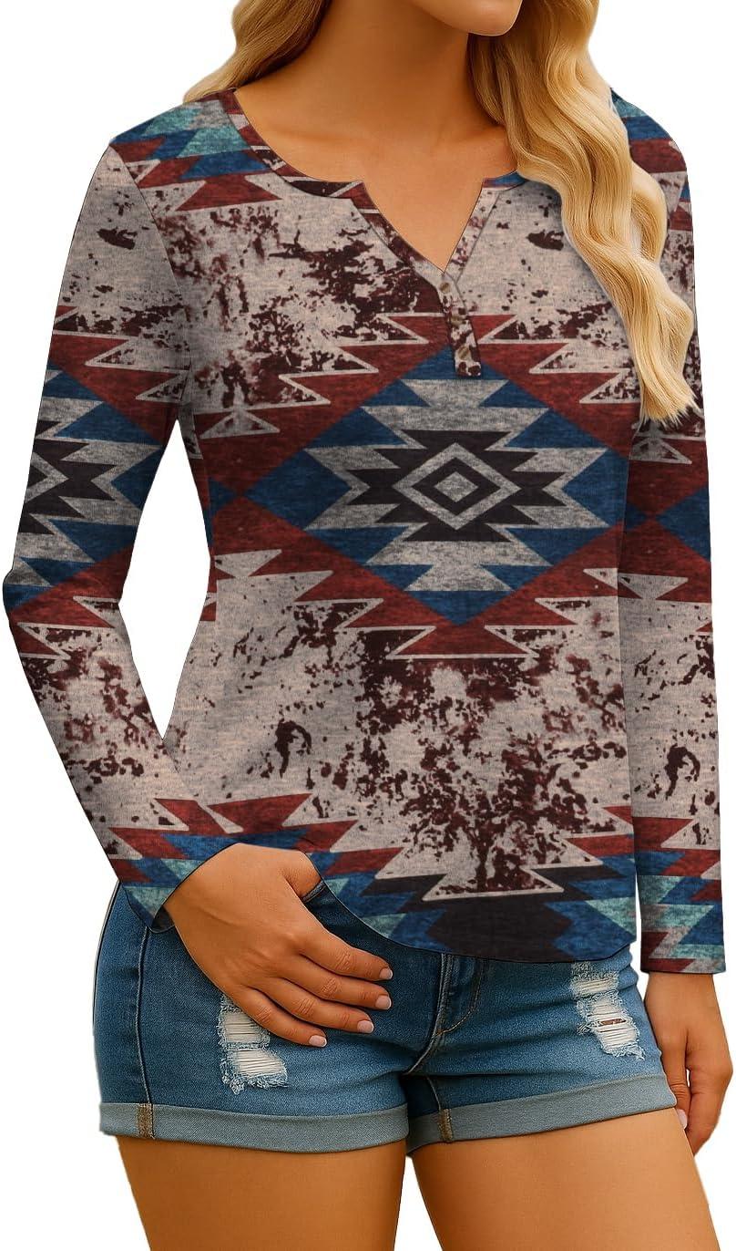 imageIWOLLENCE Womens Long Sleeve Aztec Western T Shirts Vintage Geometry Graphic Henley Tops Casual Button Down BlouseFpred Blue Geometry