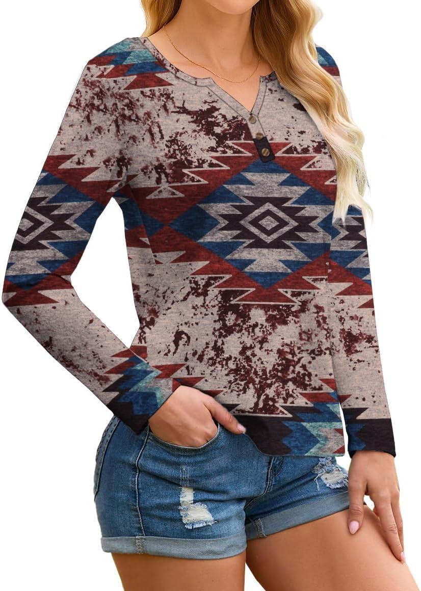 imageIWOLLENCE Womens Long Sleeve Aztec Western T Shirts Vintage Geometry Graphic Henley Tops Casual Button Down BlouseFpred Blue Geometry