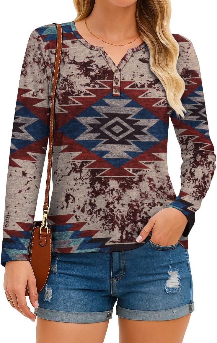 imageIWOLLENCE Womens Long Sleeve Aztec Western T Shirts Vintage Geometry Graphic Henley Tops Casual Button Down BlouseFpred Blue Geometry